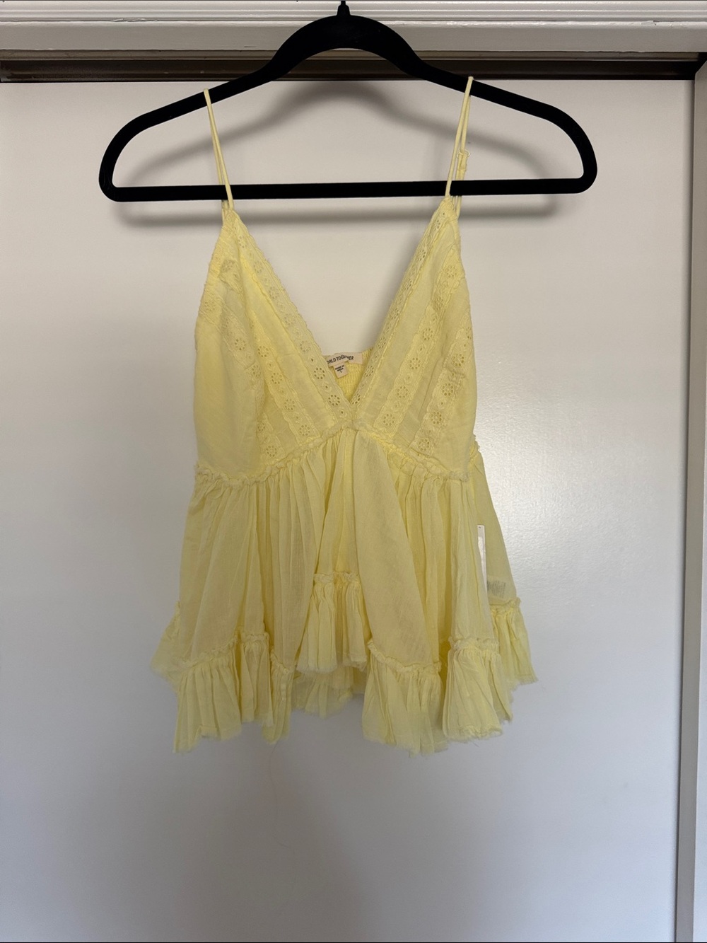 World Together Pale Yellow Eyelet-Trim Ruffled Tank Blouse